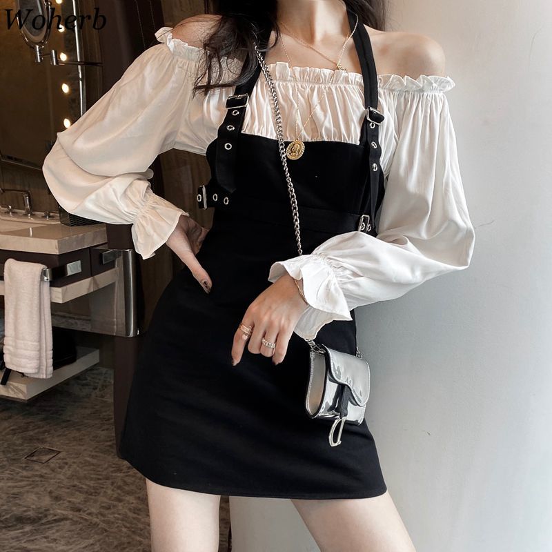 2020 Woherb Korean Chic Fake Two Pieces Set Dress Women Sexy Off Shouloder Vestidos Summer New Elegant Halter Dresses Office