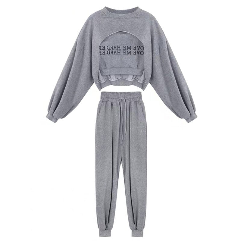 PERHAPS U White Black Gray Lantern Long Sleeve Top Letter Vest Harem Calf-length Pants Motion Casual 3 Three Pieces Set T0197