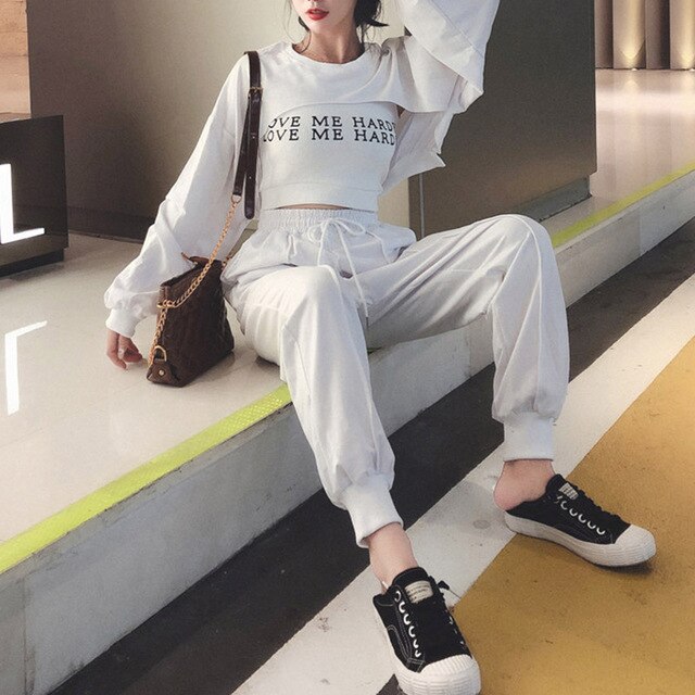 PERHAPS U White Black Gray Lantern Long Sleeve Top Letter Vest Harem Calf-length Pants Motion Casual 3 Three Pieces Set T0197