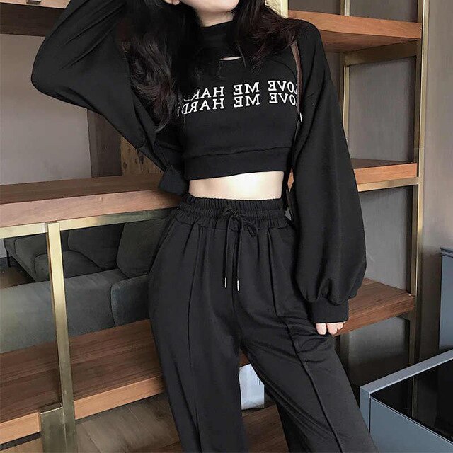 PERHAPS U White Black Gray Lantern Long Sleeve Top Letter Vest Harem Calf-length Pants Motion Casual 3 Three Pieces Set T0197