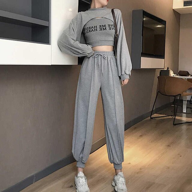 PERHAPS U White Black Gray Lantern Long Sleeve Top Letter Vest Harem Calf-length Pants Motion Casual 3 Three Pieces Set T0197