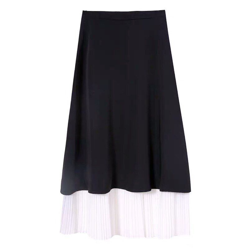 PERHAPS U Women Black White Ruch Patchwork Midi Skirt Pleated Spring Autumn Elegant S0184