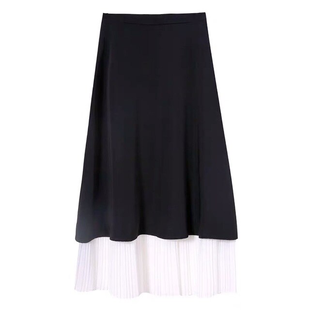 PERHAPS U Women Black White Ruch Patchwork Midi Skirt Pleated Spring Autumn Elegant S0184