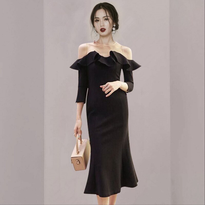 JSXDHK Runway Elegant Women Ruffles Party Dress Spring Autumn Off Shoulder Mesh Patchwork O Neck Bodycon Midi Black Vestidos