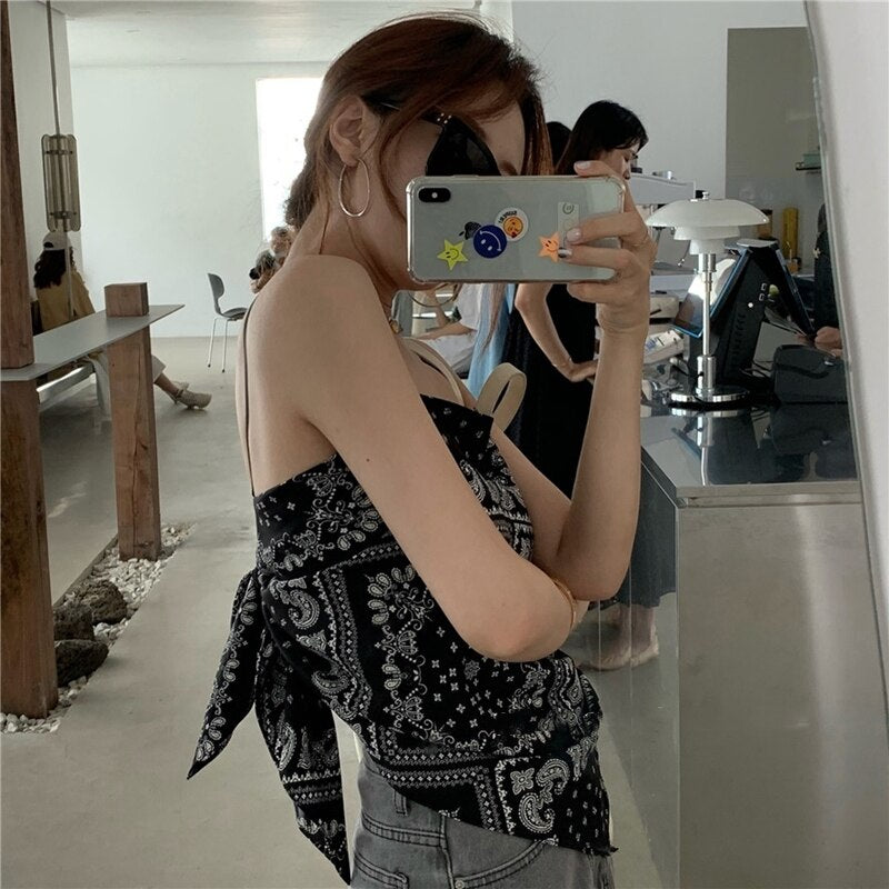 2021 summer bow tie design camisole fashionable print irregular tube top top wear black back hollow top high street