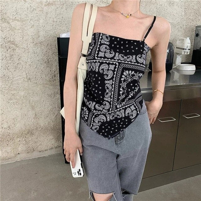 2021 summer bow tie design camisole fashionable print irregular tube top top wear black back hollow top high street