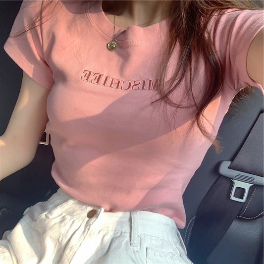 2023 Summer New Korean Version of The Letters Embroidered Slim Short-sleeved T-shirt Female Students Tops Foreign Trade Women Tide