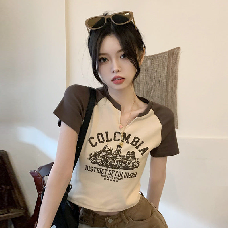 Spicy V-neck Short-sleeved T-shirt Female Summer 2023 New Sweet and Spicy American Retro Design Sense Short Student Tops Tide