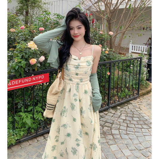 Summer New Floral Halter Dress + Thin Section Long-sleeved Sunscreen Cardigan Two-piece Set