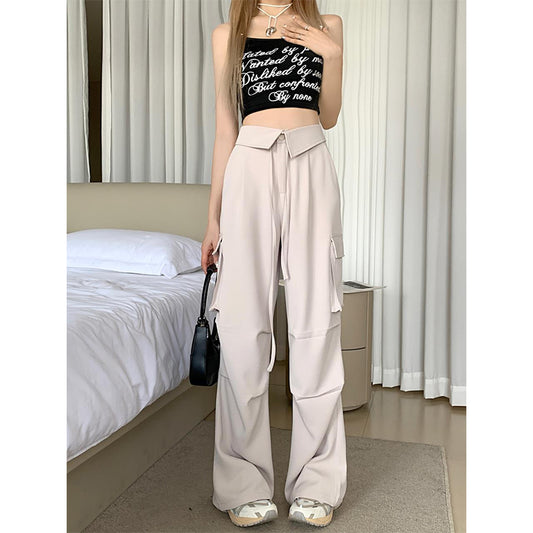 Retro Work Pants Female Spicy 2023 New Design Sense Small Numerous Pockets Loose Wide Leg Dragging Casual Pants