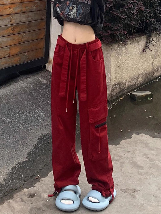 Red straight work pants female spring and autumn new high-waisted loose thin casual dragging wide leg pants tide