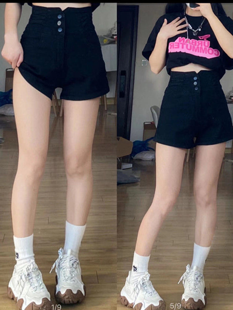 Black High-waisted Denim Shorts Women's Summer Thin Section Thin Covering Belly A Word Wide Leg Hot Pants