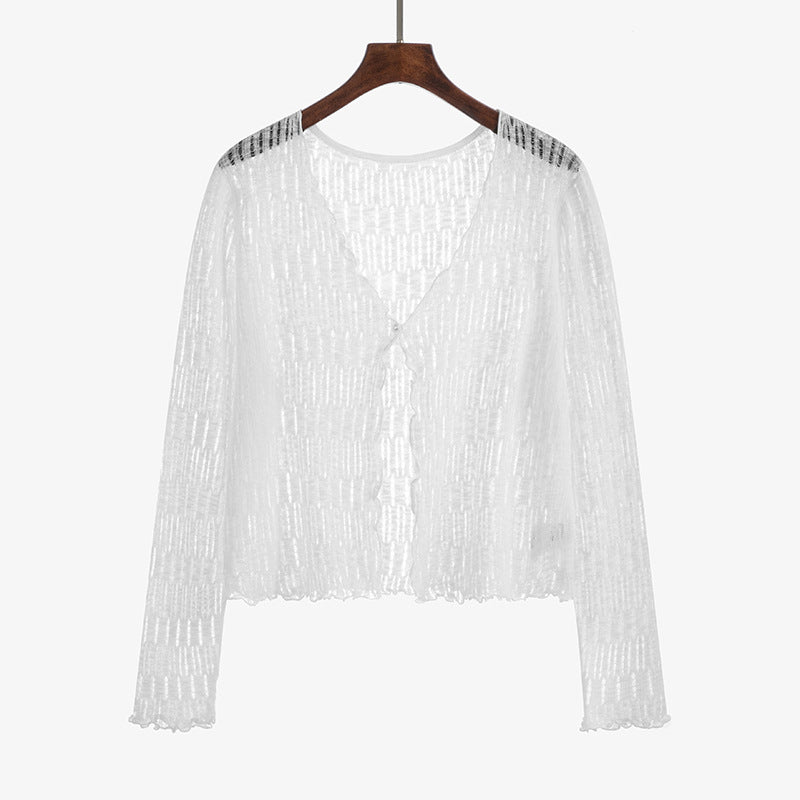 Women's v-neck hollow thin section blouse outside the top 2023 summer long-sleeved knit cardigan women