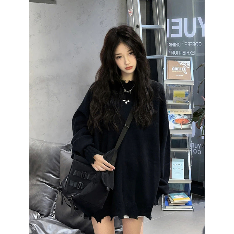 Retro Sweater Women Fall and Winter New Street Black Loose Thin Knit Sweater Vintage Broken Holes Tops