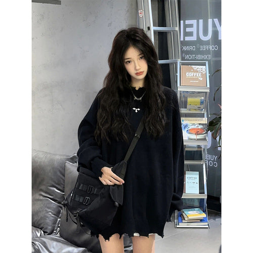Retro Sweater Women Fall and Winter New Street Black Loose Thin Knit Sweater Vintage Broken Holes Tops
