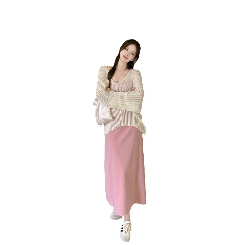 Summer new large size lazy wind knitted sunscreen smock + Slim long sling dress set
