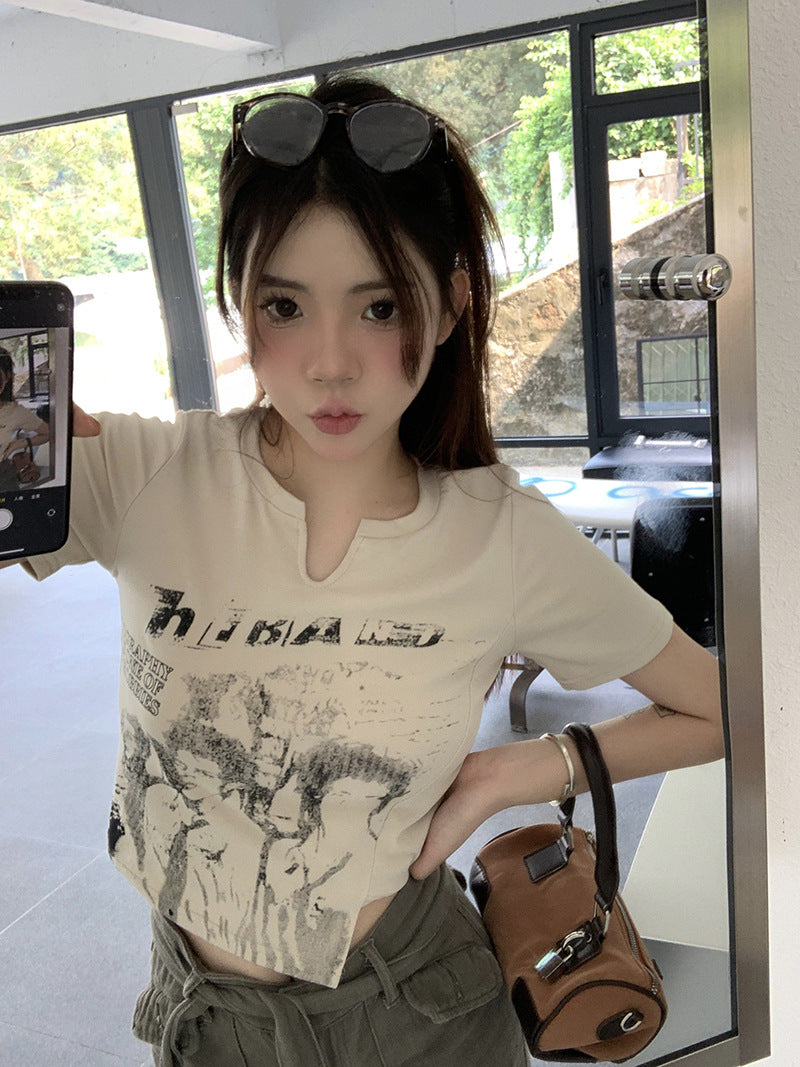 American Retro Short-sleeved T-shirt Female 2023 Summer Irregular Design Sense of Pure Desire Spicy Girl Short Student on Clothes