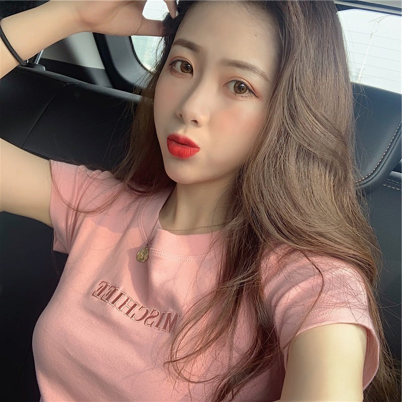 2023 Summer New Korean Version of The Letters Embroidered Slim Short-sleeved T-shirt Female Students Tops Foreign Trade Women Tide