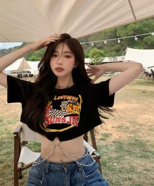 2023 Summer New Spicy Girl with Ins Tide T-shirt Female Design Sense Chain Short Section Exposed Umbilical Black Short-sleeved Tops