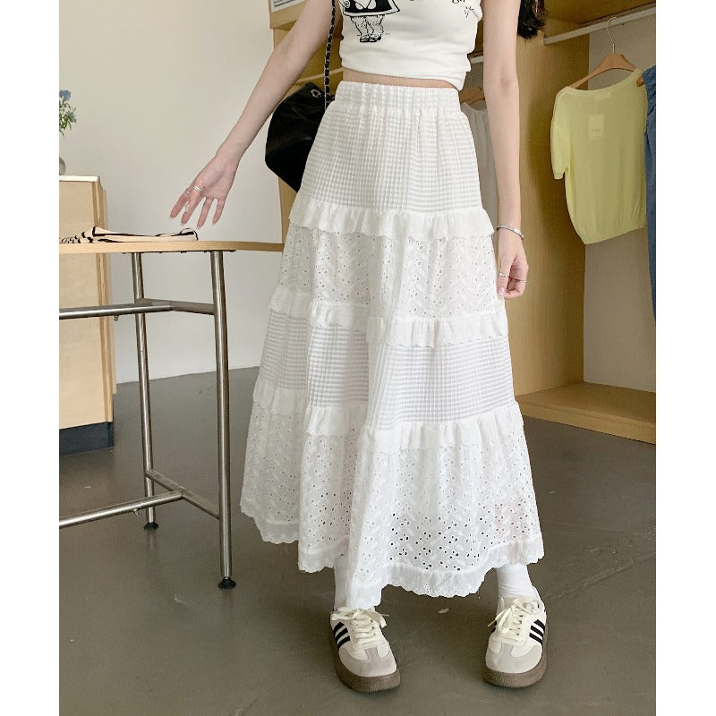 Plus Size High Waist A-Line White Halter Design Niche Lace Cake Skirt Long Skirt