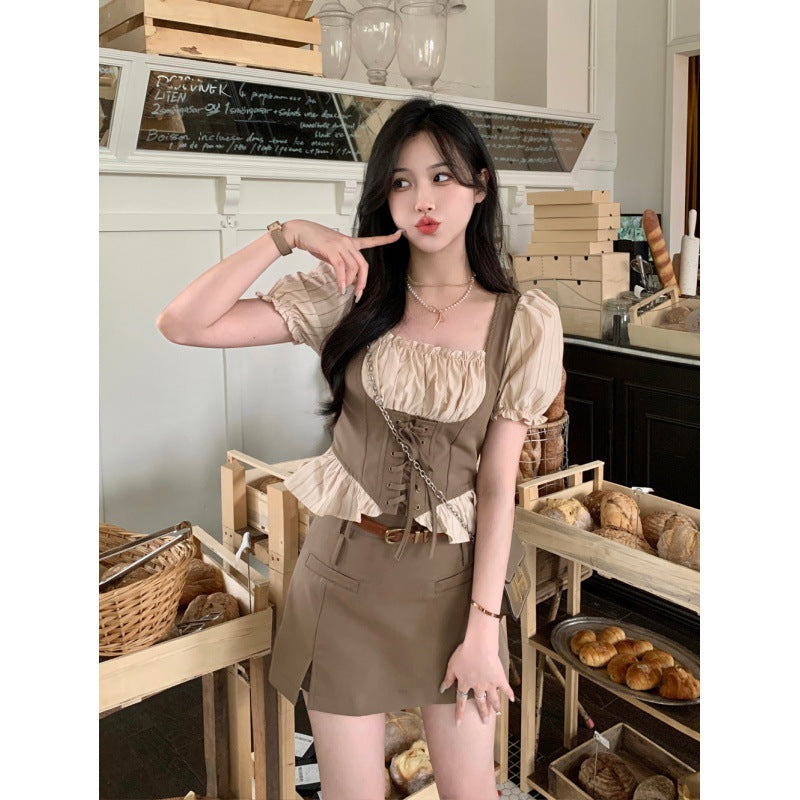 Summer new large size French fake two retro square collar drawstring thin shirt + half-body skirt pants suit