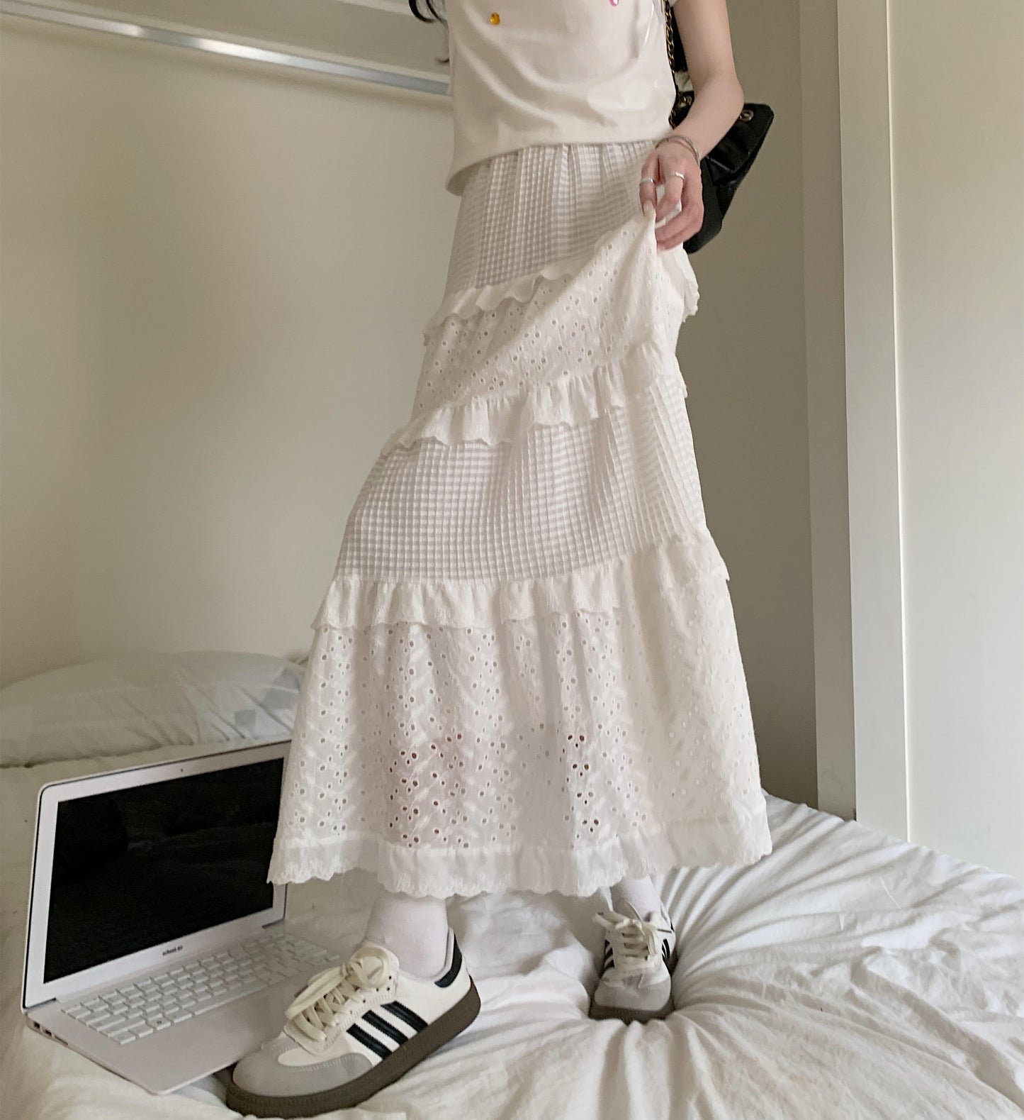 Plus Size High Waist A-Line White Halter Design Niche Lace Cake Skirt Long Skirt