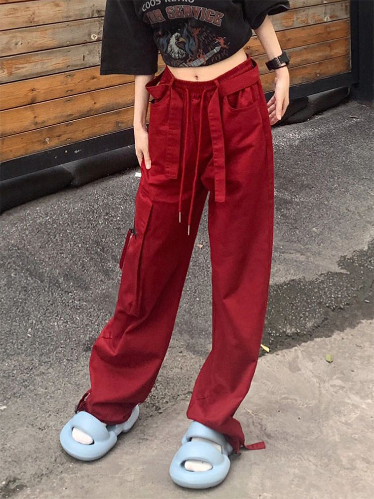 Red straight work pants female spring and autumn new high-waisted loose thin casual dragging wide leg pants tide