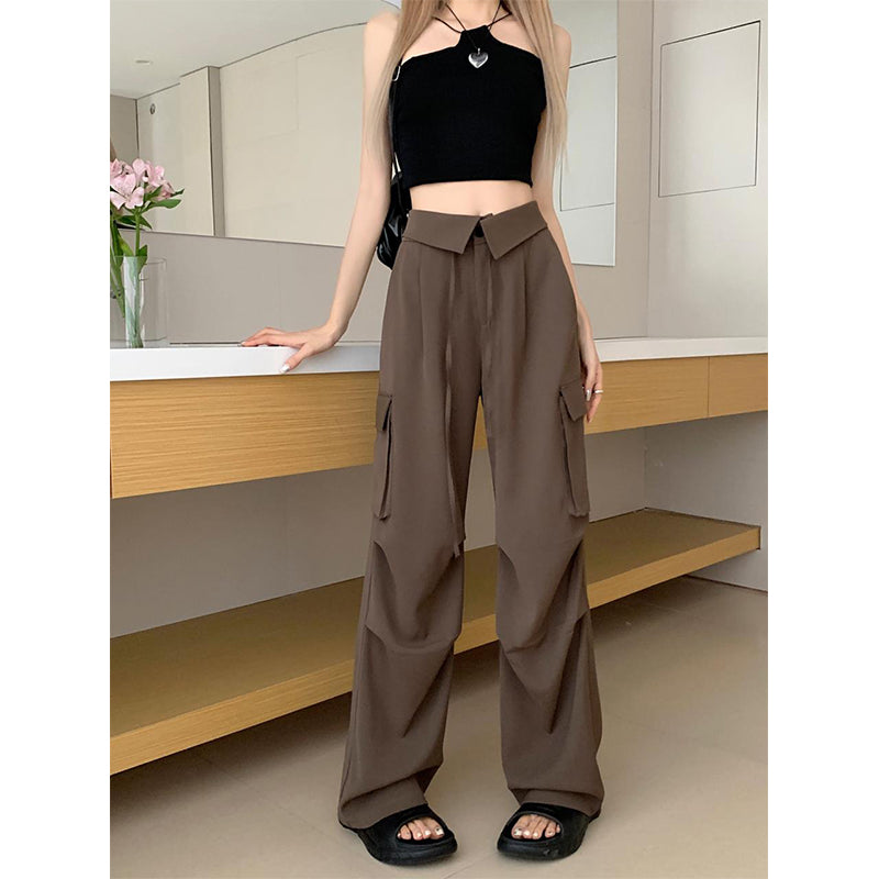 Retro Work Pants Female Spicy 2023 New Design Sense Small Numerous Pockets Loose Wide Leg Dragging Casual Pants