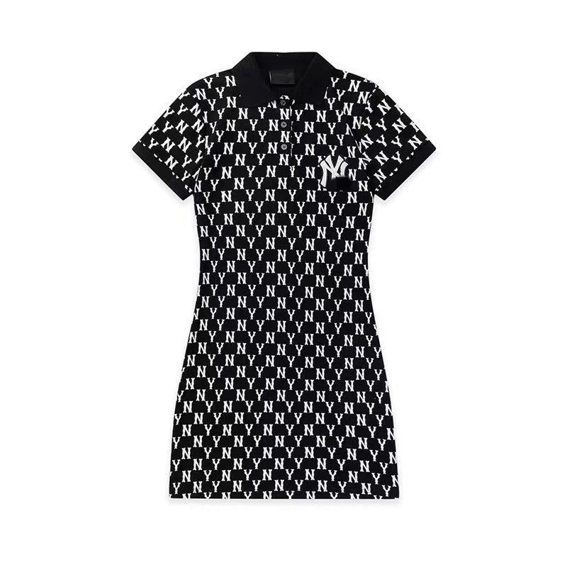 Tide High Quality Full Print Polo Collar Yankees Embroidered Women's Loose Short-sleeved Dress