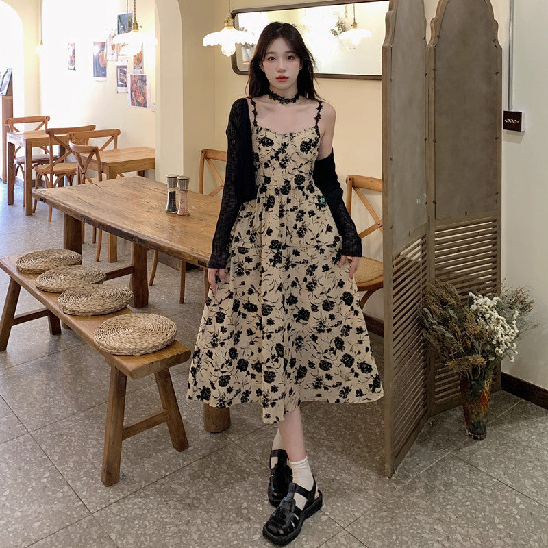 Summer New Hepburn Style Rose Print Halter Dress + Knitted Cardigan Two-piece Set