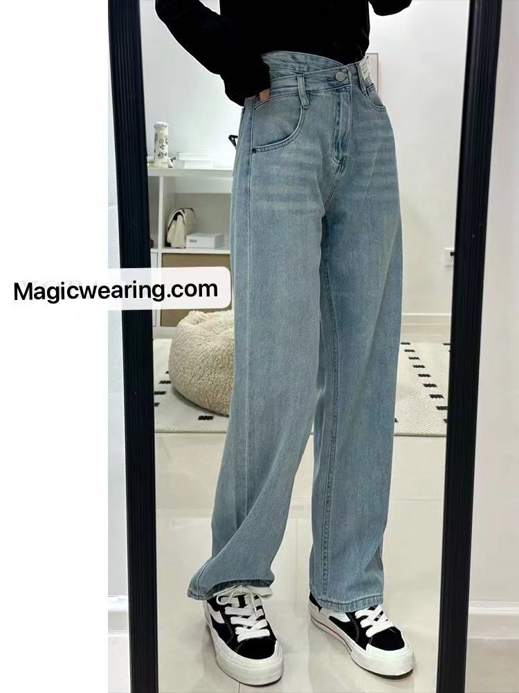 Light Blue Straight Jeans Female New High-waisted Loose Thin Large Yards Irregular Wide Leg Pants