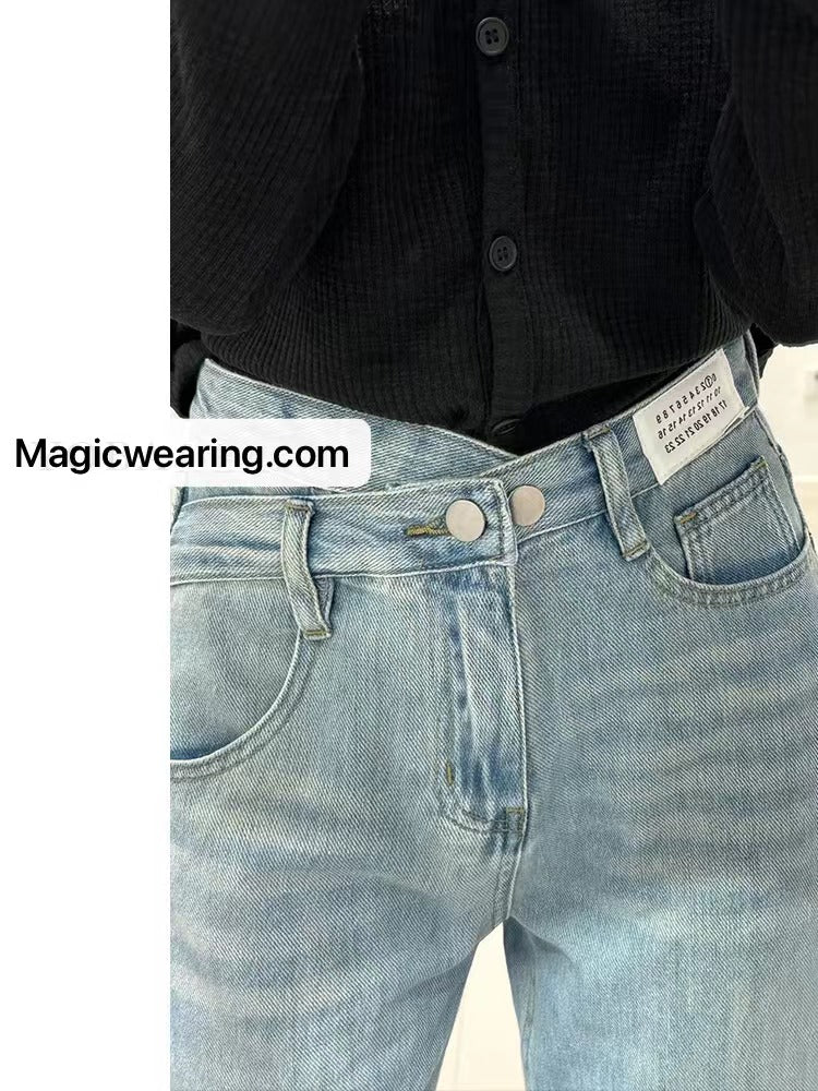 Light Blue Straight Jeans Female New High-waisted Loose Thin Large Yards Irregular Wide Leg Pants