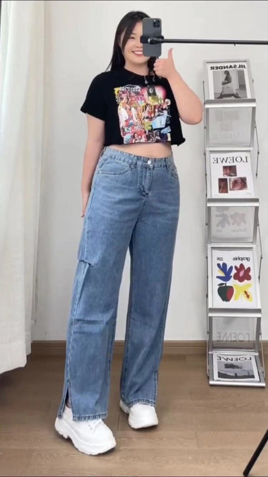 Broken jeans female side fork loose thin high waist large size summer 2021 new Hyunya wind wide leg pants