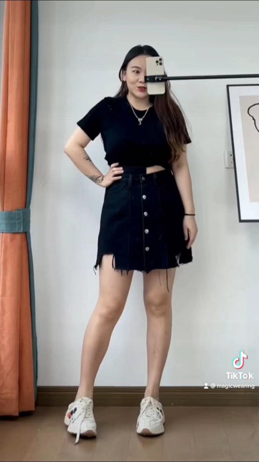 Black short skirt female spring and summer high waist thin irregular hair edge large yards fat MM hot girl a word package hip half-body skirt tide