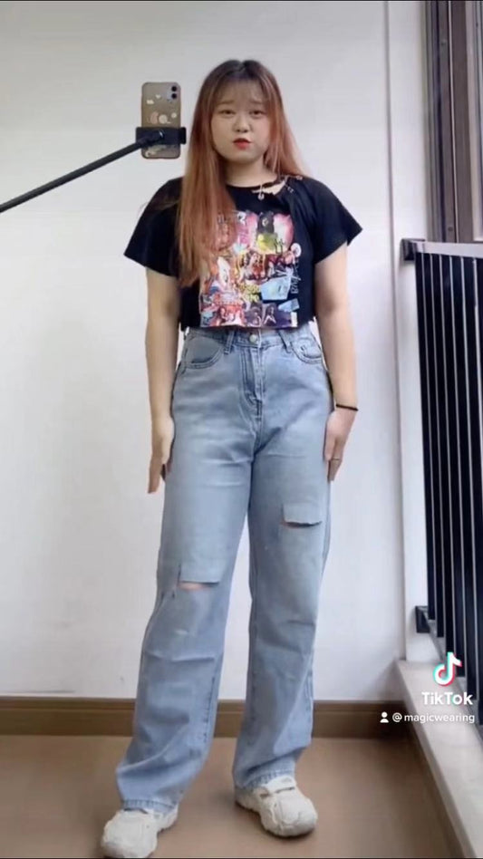 Summer new high-waisted broken hole jeans female fat mm loose skinny show leg length straight pants with tide