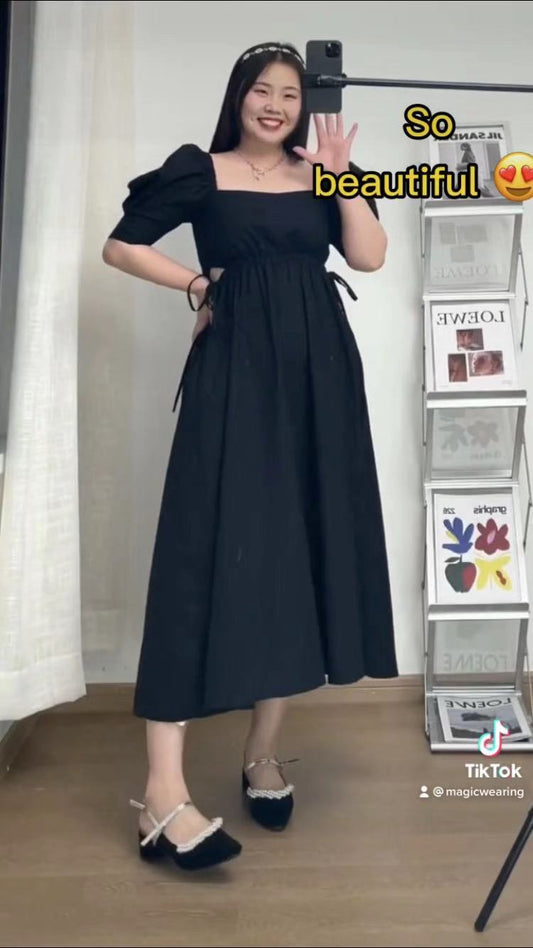 Black dress female summer 2021 new French tea break square neck bubble sleeve Hepburn style skirt