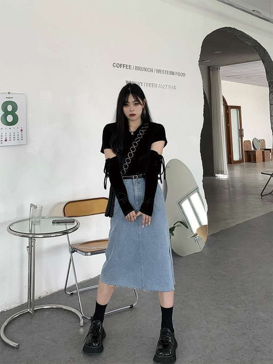 Flectit Womens Midi Denim Skirt High Waist A-line Row Hem Split Front  Jeans Skirt Plus Size Spring Summer Outfit