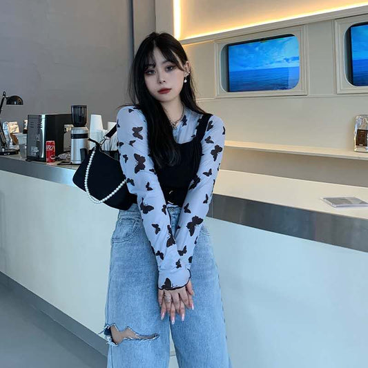 Butterfly Print Mesh Blouse and Black Camisole Sexy 2 Piece Set Women Spring Autumn 2020 Harajuku Thin Long Sleeve Top Cropped