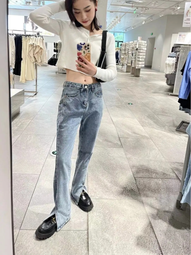 Large size high waist loose jeans female fat Mei Mei thin wide leg pants pear-shaped body crotch leg thick pants