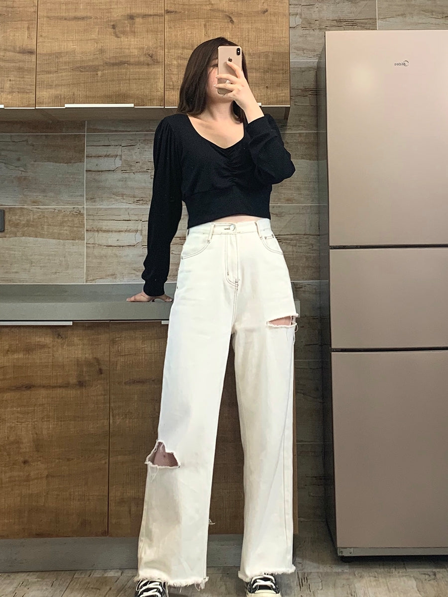 2020 fall new white hole design sense jeans straight loose high waist wide leg pants thin tide