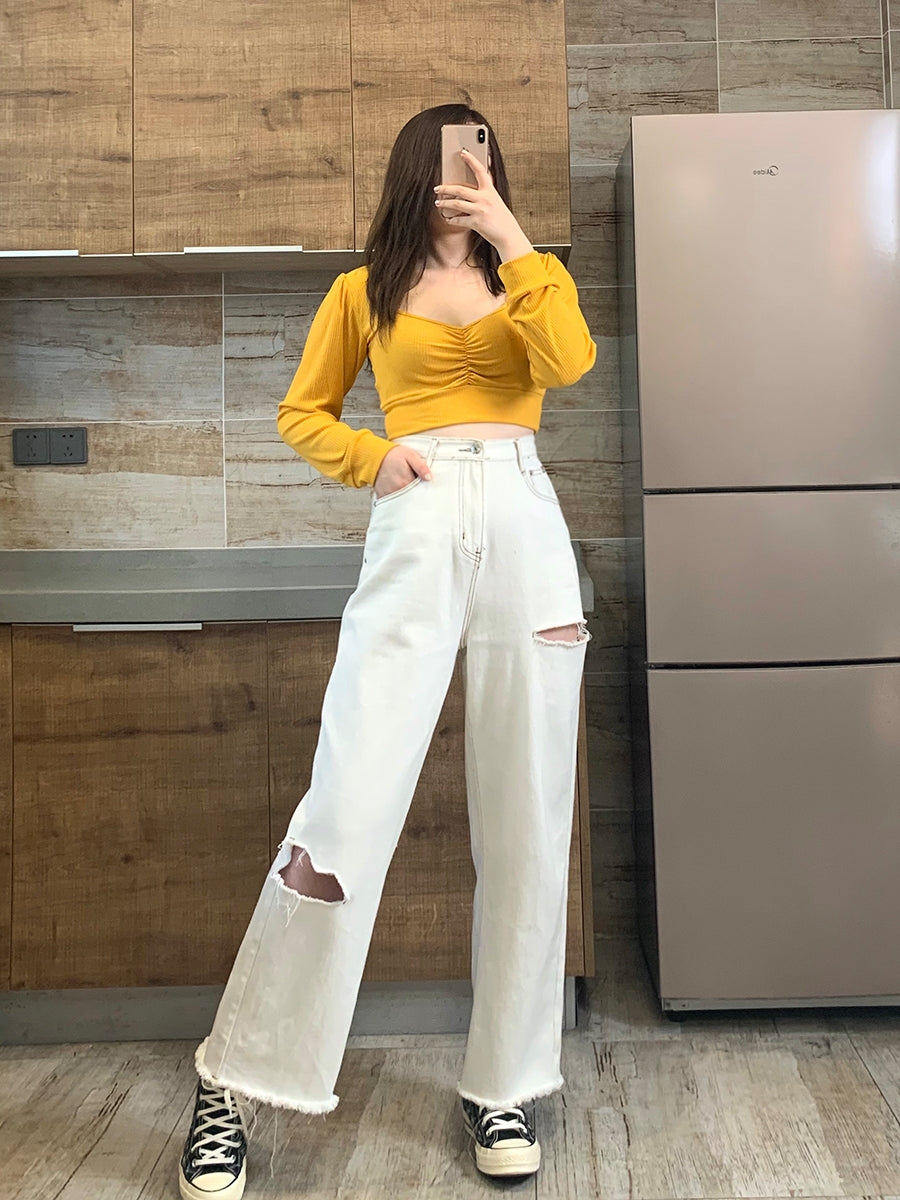 2020 fall new white hole design sense jeans straight loose high waist wide leg pants thin tide