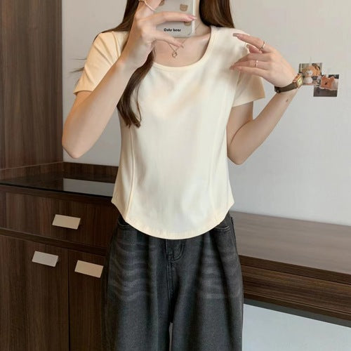 Oversize Irregular Short-sleeved T-shirt Female Summer New Cover Meat Thin Short Section White Micro Fat Positive Shoulder Tops