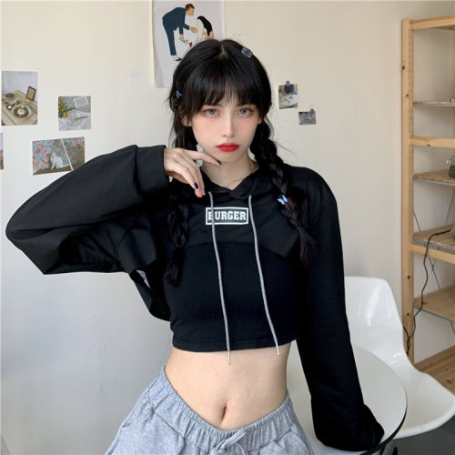 Ultra short long-sleeved t-shirt female Korean version loose hip-hop letter print high waist jazz hip-hop shirt thin section Successful activity