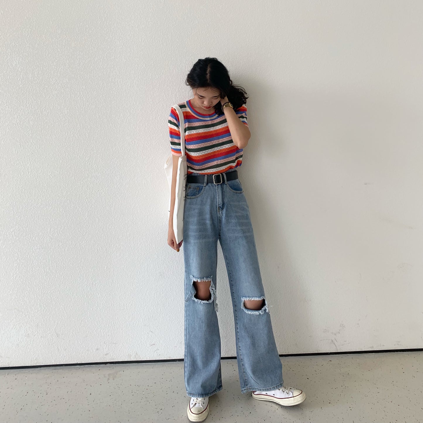 Large size broken hole jeans 2021 new loose fat sister high waist straight pants thin wide leg pants tide