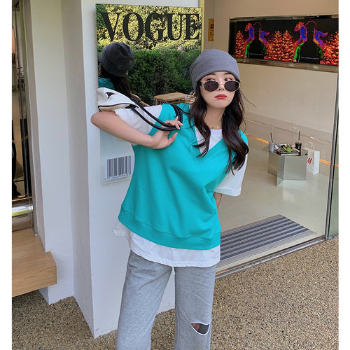 Chubby mm fake two pieces short-sleeved T-shirt + loose half-body skirt two-piece large size women's fried street aging suit