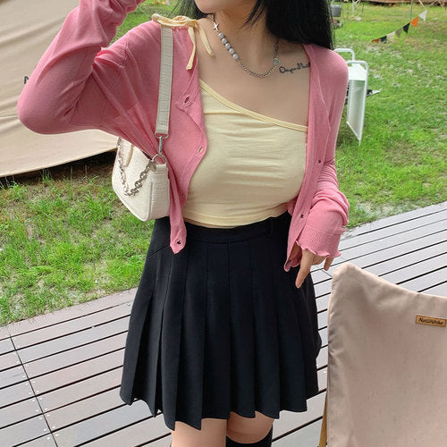 Fashion two-piece female black knitted cardigan camisole floral dress