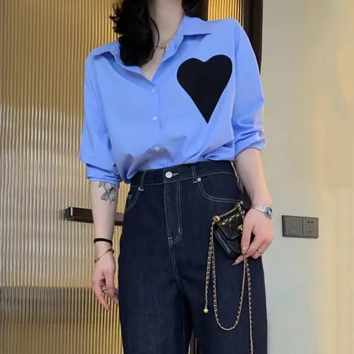Design sense stitching love patch long-sleeved shirt female spring lean and versatile tops