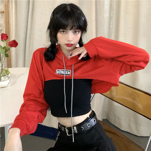 Ultra short long-sleeved t-shirt female Korean version loose hip-hop letter print high waist jazz hip-hop shirt thin section Successful activity