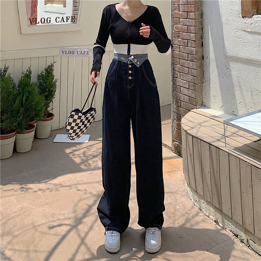 Dark blue high waist straight jeans female loose thin spring and autumn large size pear-shaped body dragging the ground wide leg pants