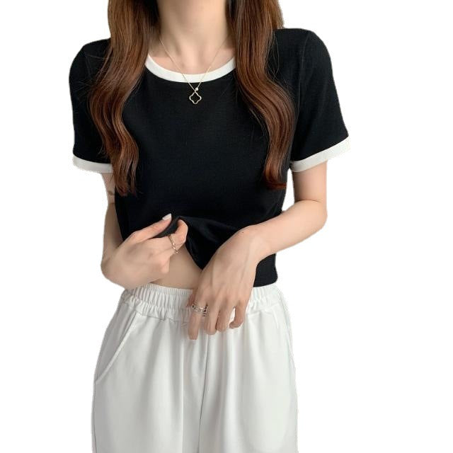 Collision Color Round Neck Short-sleeved T-shirt Female 2023 New Summer Bottoming Shirt Korean Version of The Slim Short Student Tops Tide